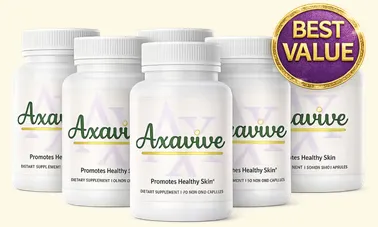 Axavive Best Value bundle featuring 6 bottles of healthy skin dietary supplement capsules, optimized for US wellness consumers seeking anti-aging skincare deals.