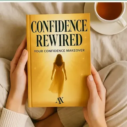 Confidence Rewired Your Confidence Makeover bonus eBook being held in a cozy lifestyle setting with a cup of tea, offered as an Axavive wellness supplement exclusive for the US market.