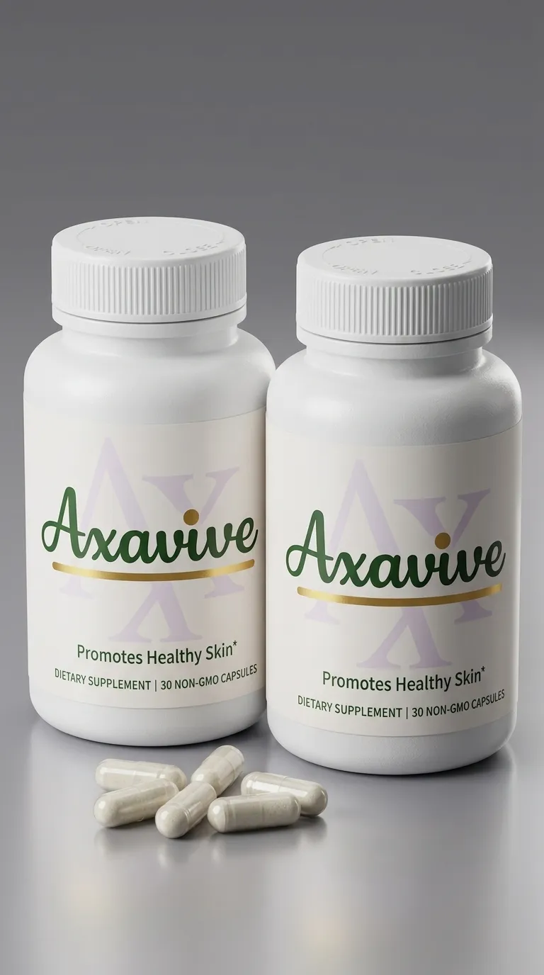 Two white bottles of Axavive dietary supplement for healthy skin with non-GMO capsules in the foreground, optimized for US wellness and anti-aging skincare market.