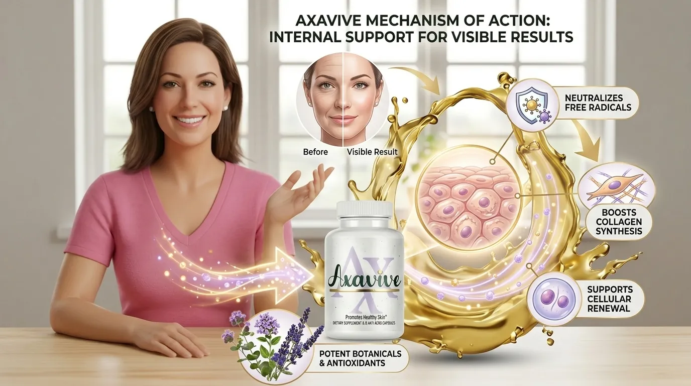 Axavive mechanism of action infographic showing internal support for visible skin results, including free radical neutralization, collagen synthesis, and cellular renewal for the US wellness market.
