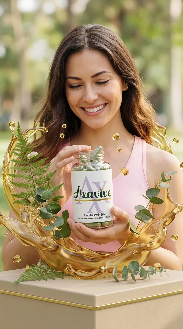 Axavive anti-aging skincare supplement promoting healthy skin and radiant results, featuring a woman with glowing skin, golden liquid splash, and botanical accents for US wellness consumers.