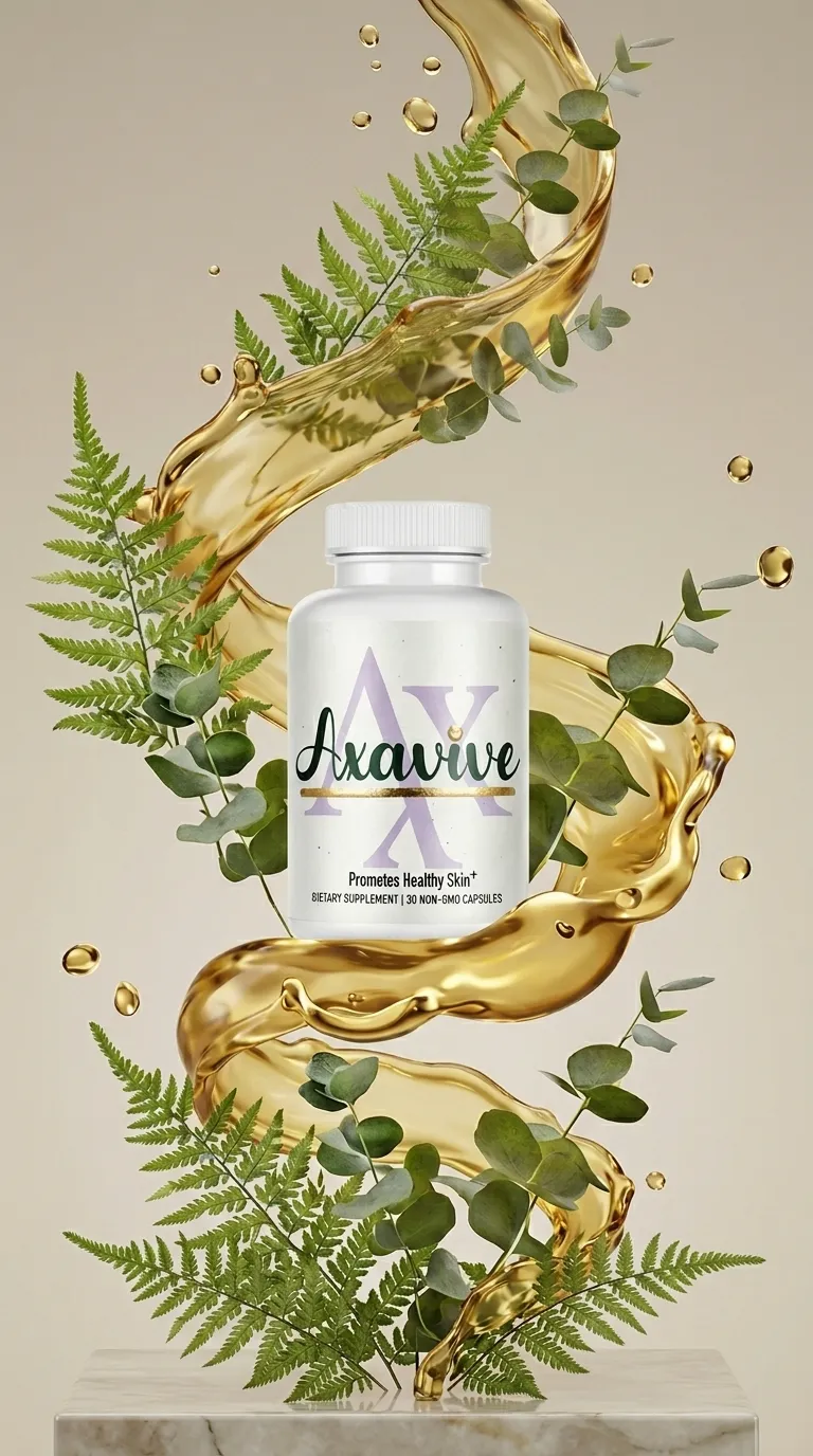 Axavive plant-based skincare supplement bottle on a marble pedestal, surrounded by golden oil swirls and green botanical leaves, optimized for US premium wellness and natural skin health markets.